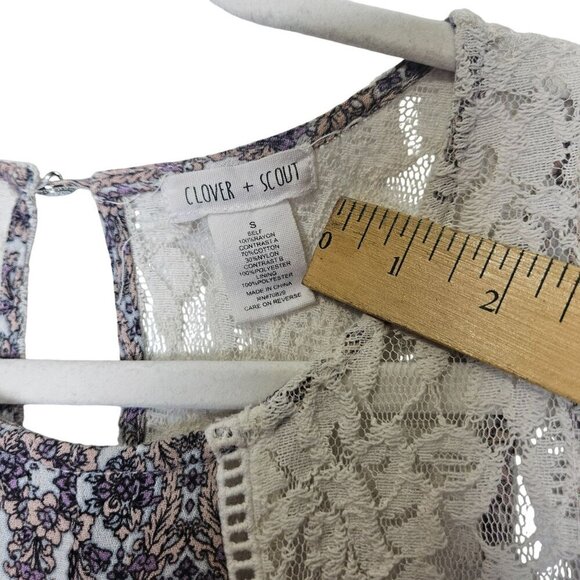 Clover + Scout S Boho‎ Floral Lace Panel Tunic size S Rayon Cotton Purple Cream - Picture 6 of 10